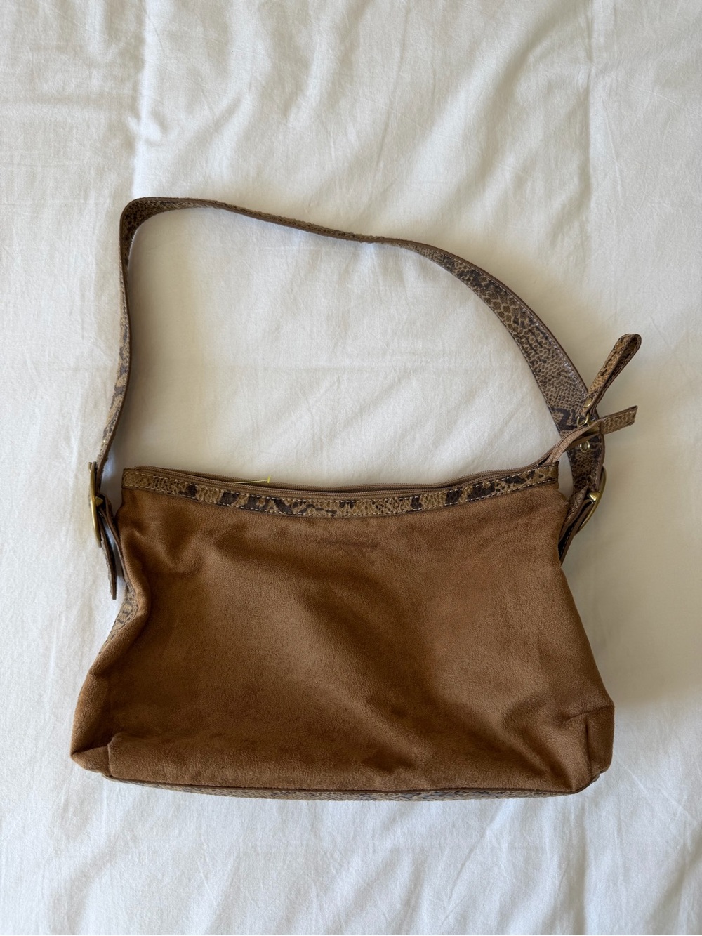Brown Suede Shoulder Bag with Snakeskin Trim